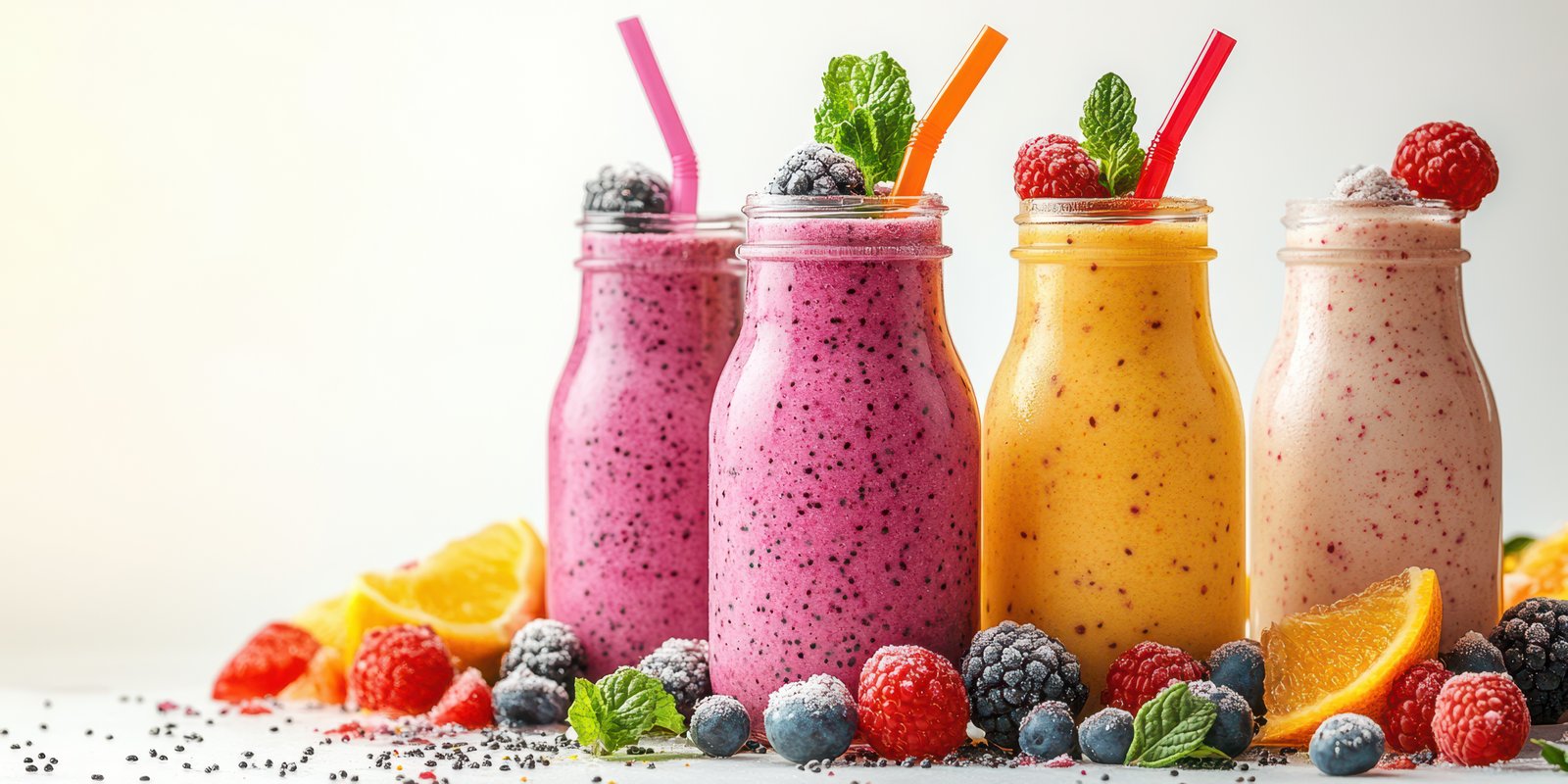 Fresh fruit smoothies in colorful jars surrounded by vibrant berries and citrus slices on a bright surface